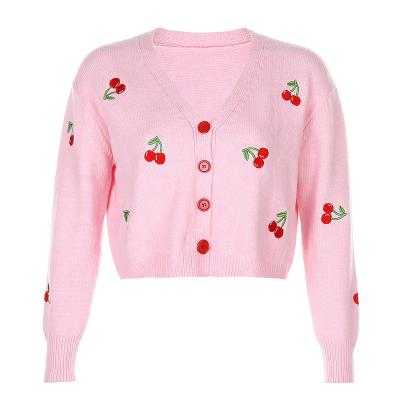 China 2021 Hot Sale Xilan XL0145 Women Anti-Wrinkle Spring V-Neckline Slim Cropped Wild Cherry Cardigan Long Sleeve Sweater for sale