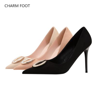 China Breathable Korean Thin High Heel Fashion Retro Shallow Mouth Pointed Rhinestone Metal Buckle Shoes For Ladies for sale