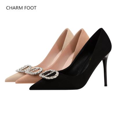 China Breathable Korean Simple Thin High Heel Fashion Shallow Mouth Pointed Rhinestone Metal Buckle Banquet Shoes Women Heels for sale