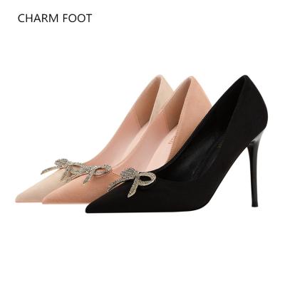 China Breathable Korean soft simple thin high heel suede fashion shallow mouth headed rhinestone bow high heel shoes for sale