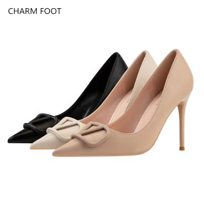 China European and American thin high heel banquet fashion style breathable shallow mouth headed metal to buckle single shoes for women for sale