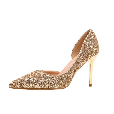 China Anti-slippery sexy nightclub thin shoes with tip heels and side sequin high heel hollow shoes for sale