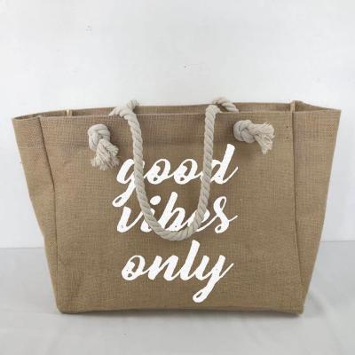 China Custom FabExcel Fashion Wholesale Burlap Handle Rope Beach Jute Bag for sale