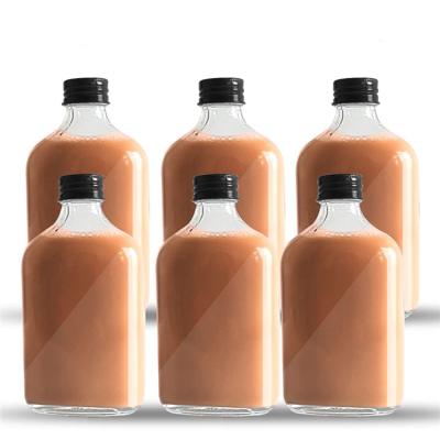 China Clear Flat Beverage 100ml 200ml 250ml 350ml 500ml Juice Cold Brew Coffee Flask Glass Bottles Design for sale