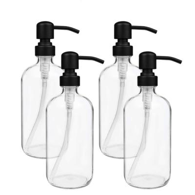 China Personal Care 16oz 500ml Big Boston Round Amber Glass Bottles With Stainless Steel Pump for sale