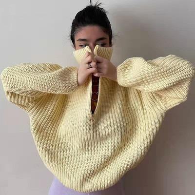 China New Sweater Solid Color Anti-Shrink Zipper Knitted Loose Casual Wear Sweater Autumn Winter Sweater Pullover Women Half Top Pullover Sweater for sale