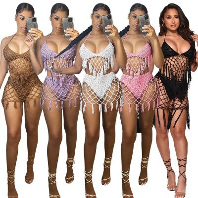 China Breathable 2022 Sexy Swimsuit Backless Bikini Vacation Outfits Beach Wear Tassel Dress Bikini With Cover Ups Top 2 Piece Skirt Set Beach for sale