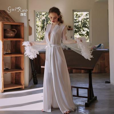 China Breathable Silk Elegant Women Nightgowns Women's Breathable Silk Bathrobe Feather Embroidery Feather Nightgown Long Robe Home Service Sleepwear for sale