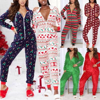 China Christmas Winter Breathable Sleepwear 2022 Women Long Sleeve Zippered Hooded Elks Printed Pajamas Jumpsuit Rompers Soft Warm Nightgowns for sale