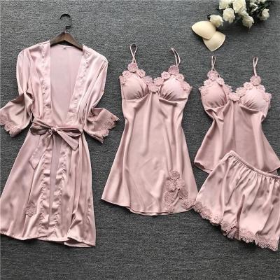 China Sexy Breathable Satin Lace Pajamas Sleepwear Women 4 Pieces Set Pajamas Homewear Robe Silk Pijama Women Bridal Sleepwear With Chest Pads for sale