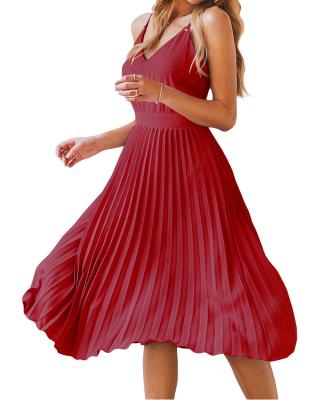 China Summer Anti-Static Women's Spaghetti Tie Midi Dress Solid Backless Solid Backless Swing Skater Pleated Dress for sale