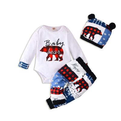 China Casual Newborn Baby Boy Clothes Baby Bear Letter Print Romper+Long Pants+Hat 3PCS Baby Boy Outfits Set for sale