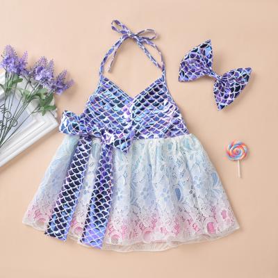 China Long sleeves baby clothes set color purple fish-scale dress baby summer backless dress hot sale for sale