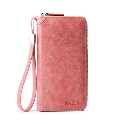 China Cheap RFID Purse Women Card Holder Anti Theft Checkbook Genuine Leather Wallet for sale