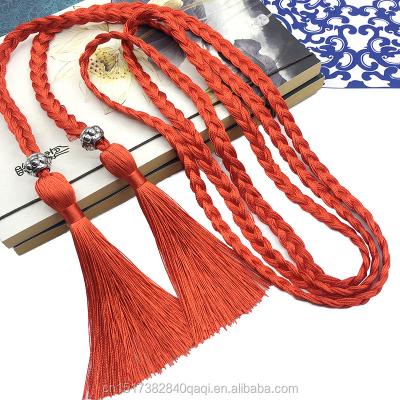 China Longer women fashion 3 meters optional handmade multicolor lengthen tsssel woven belt for dress hot sales chinese style tassel belt for sale