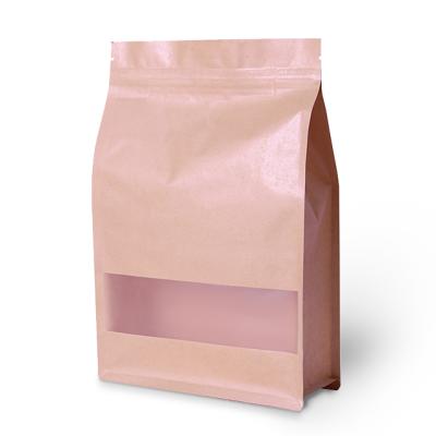 China Recycled Materials Kraft Paper Flat Bottom Pouch Custom Window With Zipper Snack Food Packaging Bag With Window for sale