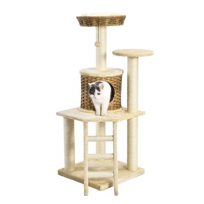 China Custom Viable Beige Rattan Petstar Fur Sisal Cat Scratch Condo House Tower Cat Tree Castle for sale