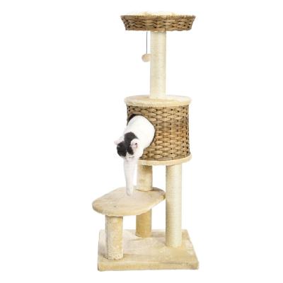 China Modern Sleek Fur Sustainable Cat Platform House Tower Rattan Cat Tree Pet Sisal Scratcher for sale