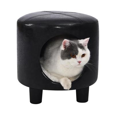 China Viable Modern Stylish People Pamper Dual Use PU Cat House Condo Bed Round Leather Cat Furniture Sofa Stool for sale