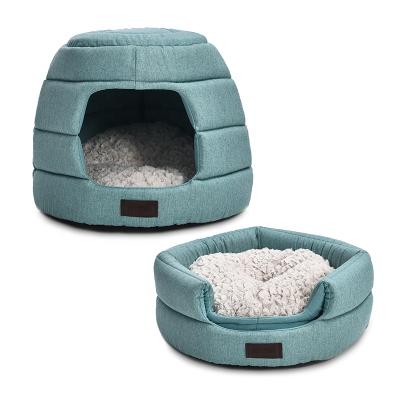 China Viable 2 In 1 Comfortable Soft Home Collapsible Pet Cat Cave Dog Bed House Textile Fabric for sale