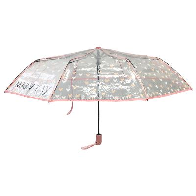 China Custom Logo Cheap 21 Inch 3 Fold Umbrella Minimalist Plastic Automatic Open Compact Windproof Design POE Clear Customer for sale