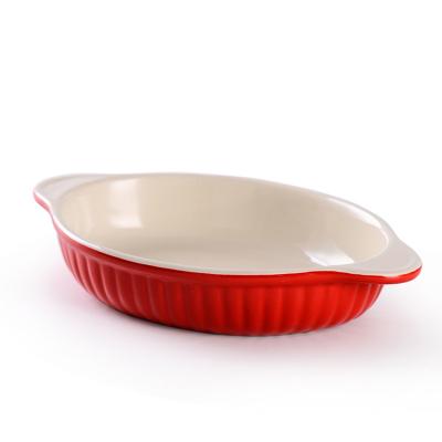 China New durable striped design colored porcelain orange oval bake ware ceramic pans baking tray bakeware for home for sale