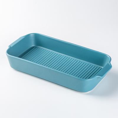 China Large viable rectangular bakeware color glazed porcelain stoneware non stick ceramic kitchen bread box baking tray with handles for sale