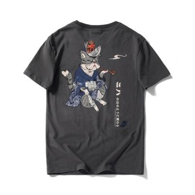 China Personality Printing Cat Hose Cotton T-shirt Brand Japanese Men's Anti-wrinkle Fashion Loose Tops Teenagers Half Sleeve Short Sleeve for sale