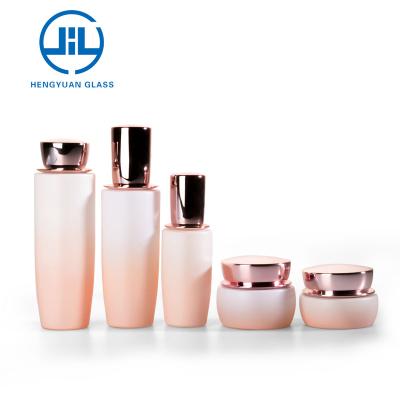 China Personal Care Cosmetic Packaging 40ml100ml120ml Square Spray Emulsion Pump Bottle Gradient Pink Glass for sale