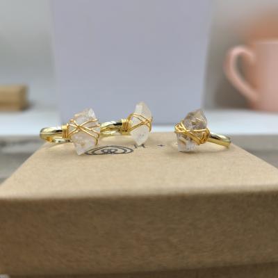 China Vintage 14k Gold Natural Herkimer Diamond Wire Wrapped Gemstone Ring Quartz Crystal Adjustable Wedding Rings for sale