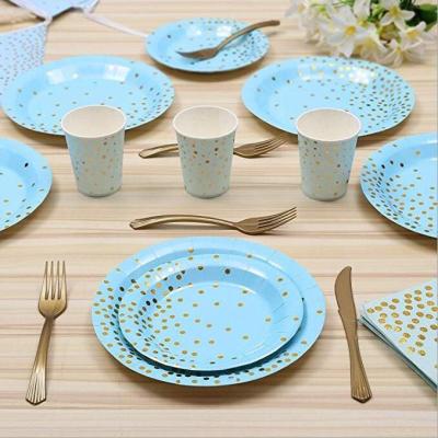 China Blue Self-Sealing Bronzing Tableware Gold Dots Party Outdoor Party Disposable Birthday Paper Cup Flag Napkins Tableware Set for sale