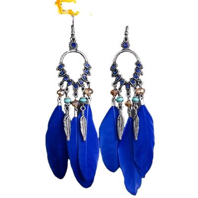 China FASHIONABLE Colorful Diamond-encrusted Long Earrings Fringe Feathers Overdone Earrings Holiday Accessories for sale