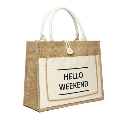 China EW0194 Fashion Women Jute Beach Tote Bag Hello Weekend Bag For Woman for sale