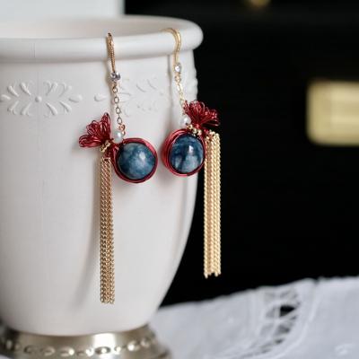 China CLASSIC natural baroque pearl earring and blue stone beads handmade earrings for women tassel earrings 2019 for sale