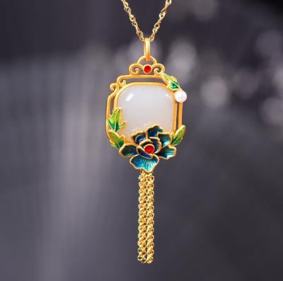 China CLASSIC Imitation Hotan Jade Necklace Female Gold Plated Chinese Style Peony Pendant Jade Bracelet Retro for sale