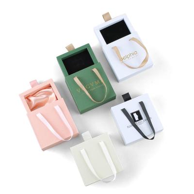 China Fashion Ins Style Fadeli Custom Pull Out Foldable Paper Cardboard Box Paper Wedding Gift Box Carrying Jewelry Box With Ribbon Handle for sale