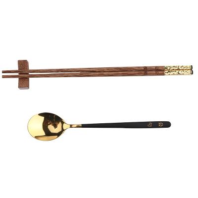 China Sustainable Customized trademark soup spoon solid wood chopsticks stainless steel gold spoon set for sale