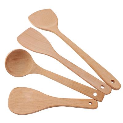 China Sustainable Beech wood long handle anti scalding good quality kitchen cooking set spatula spoon for sale