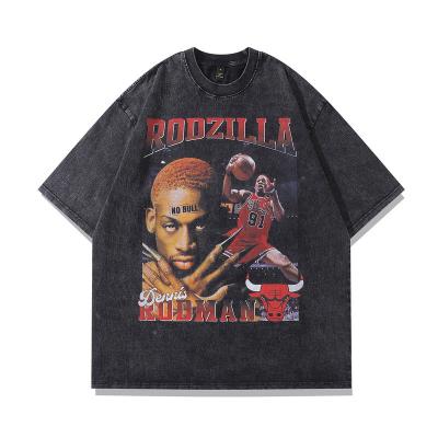 China Anti-Wrinkle Hip-Hop Cotton Washed Old Retro High Street Basketball Half-Sleeve Oversized Men's T-shirt for sale