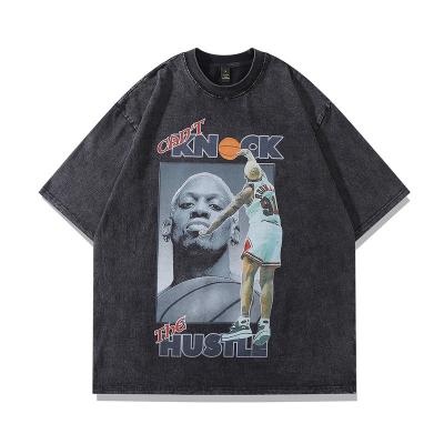 China Anti-Wrinkle Hip-Hop Print Rodman Cotton Washed Old The High Street Retro T-shirt Half-Sleeve Oversized Men's Clothing for sale