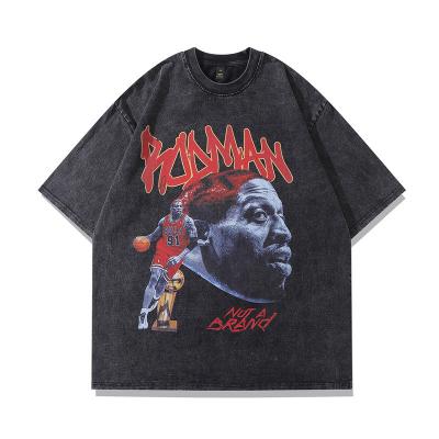 China Anti-Wrinkle Hip-Hop Heat Transfer Rodman Cotton Washed Old The High Street Retro T-shirt Half-Sleeve Oversized Men's Clothing for sale