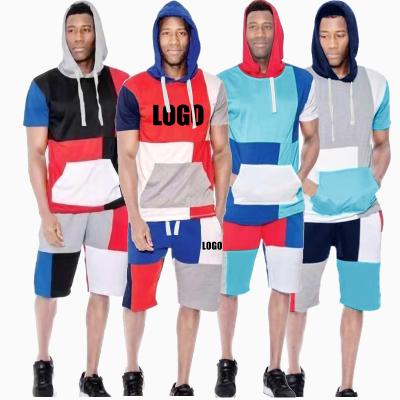 China Men Summer Breathable Shorts Set Fashion Hooded Casual T-Shirt Jogger Contrast Color Sweatsuit Shorts Two Piece Set for sale