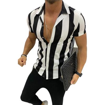 China Breathable Mens Clothing 2021 Summer Mercerized Cotton Contrast Striped Color Slim Cardigan Shorts Sleeves Casual Shirt for sale