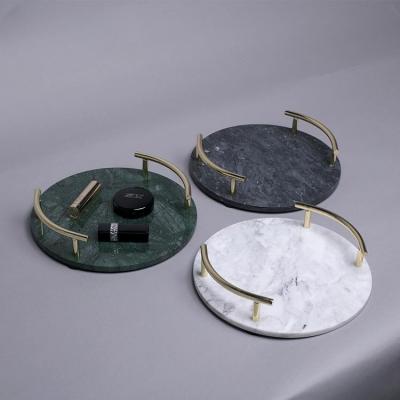 China Sustainable Elegant Marble and Gold Serving Panel Round Marble Tray for Vanity with Handles, Geode Tray for sale