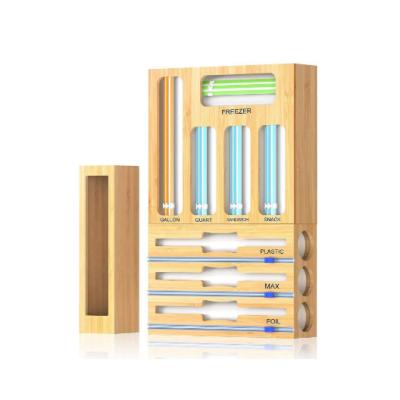 China Sustainable Bamboo 9 IN1 Aluminum Dispenser and Plastic Wrap with Cutter, Ziplock Bag Storage Organizer for Kitchen Drawer for sale