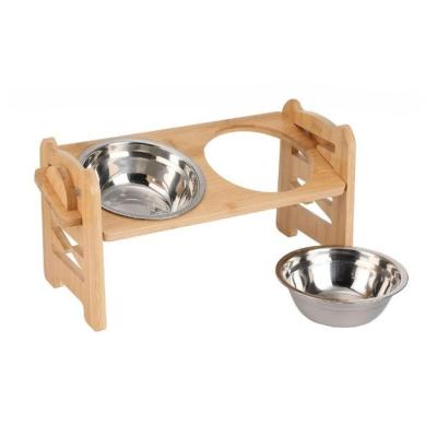 China Viable Wholesale Non-slip Pet Food Bowl Dog Cat Bowl Pet Feeder Stainless Steel Tilted Adjustable Wooden Holder Pet Feeder for sale