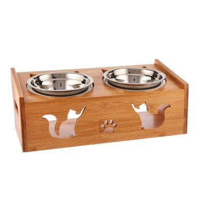 China Factory Direct Portable Solid Bamboo Wooden Bowl Anti-spill Double Hewn Small Dog Cat Drinking Water Bowl Holder for sale