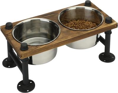 China Sustainable Rustic Solid Wooden Brown Dog Breed Feeder with Industrial Metal Legs Raised Pet Feeder with 2 Stainless Steel Bowls for sale