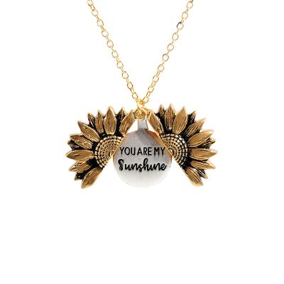 China New Women Gold Necklace Eco Friendly Custom You Are My Sunshine Open Sunflower Pendant Necklace for sale