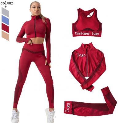 China Antibacterial Women's Tracksuit Workout Teams Clothes 3 Pcs Yoga Set Seamless High Crop Top Waist Long Sleeve Activewear Yoga Set for sale